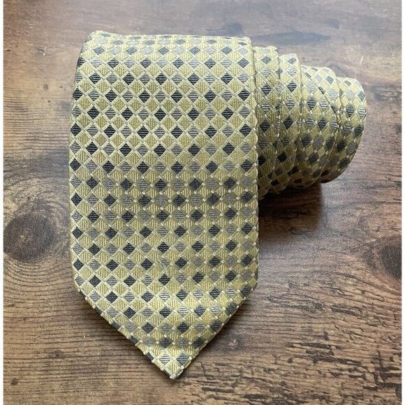 Donald J Trump Signature Collection Tie Gold Gray Silk Diamond Pattern Necktie - Picture 2 of 7